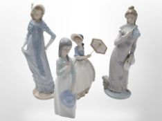 Four Nao figures including girl with parasol, etc., tallest 31cm.