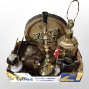 A beer keg-style plaque, together with brass lamp bases, copper kettle, other metal wares,