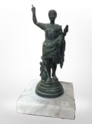 An antique patinated bronze figure of Augustus on white marble plinth, height 16cm.