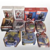 11 Mattel and other figurines to include Superman, Batman, The Walking Dead, etc., boxed.