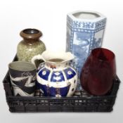 A reproduction Chinese blue and white porcelain hexagonal stick stand, West German pottery vase,