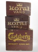 Three painted pine bottle crates, including Carlsberg, largest 46cm wide.