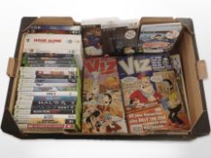 A quantity of Xbox 360 and PS3 games, Viz comics, DVDs.