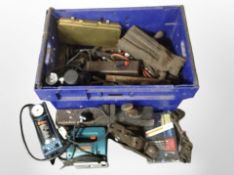 A quantity of tools including foot pump, electric pump, electric jigsaw, antique woodworking plane,