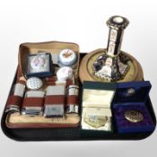 A gent's travel set, together with a group of enamelled pill boxes including Del Prado, Toye,