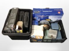 A group of camping equipment including stoves in box, Hi-Gear pump, torch, etc.