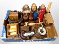 A group of treen including barometer, figures, miniature pine chest of drawers, trinket boxes, etc.
