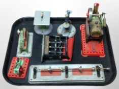 A group of Mamod and other live steam stationary engines and components.