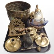 A group of metal wares including brass jardiniere, Pricket candlestick, chamber stick,