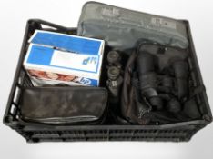 Two pairs of binoculars, together with vintage and modern cameras, compact photo printer, etc.