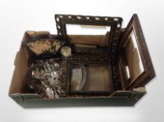 A silver-plated circular salver, assorted cutlery, Chinese carved cork diorama,