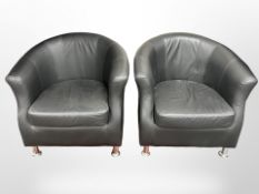 A pair of contemporary black leather tub armchairs, width 80cm.