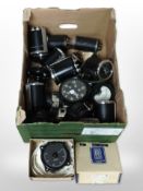 A collection of gauges and meters measuring knots, voltmeter, rototherm thermometer, etc.