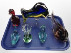 A group of six Murano glass animal ornaments.