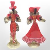 A pair of Murano glass dancers, tallest 42cm.