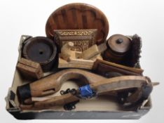 A group of treen including horse hames, woodworking plane, trinket box, picture frames, etc.