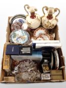 A quantity of porcelain collector's plates, Paragon part tea set, Ben Sherman hip flask in box,