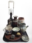 A group of Scandinavian studio pottery wares including vases, lamp base, shallow dishes, etc.