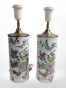 A pair of 20th-century Chinese porcelain cylindrical vases converted to table lamps,