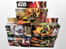 Five Hasbro Disney Star Wars figurines including Imperial Speeder and Elite Speeder Bike, etc.