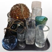 A group of Scandinavian glass items including iridescent glass drinking goblet, vase,