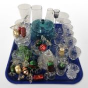 A group of etched drinking glasses and other glass ware including suite ornaments,