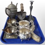 A group of EPNS tea wares, 19th-century pewter candlestick, iron, etc.
