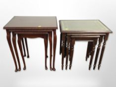 Two reproduction nests of tables, one with tooled leather inset tops.