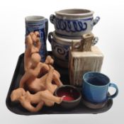 A group of continental pottery wares, including two salt-glazed twin-handled pots, large tankard,