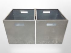 A pair of square galvanised metal planters, width 50cm.