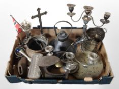 A group of metal wares including silver-plated candelabrum, crucifix, bottle stand, cobbler's last,
