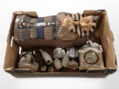A CD storage box in the form of a mummy, together with contemporary quartz mantel timepiece,
