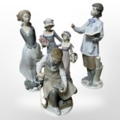 Four various Lladró figures and figure groups including cobbler, etc., tallest 37cm.