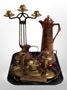 A group of copper and brass including table candelabrum, Art Nouveau copper pot dated 1910,