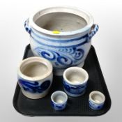 A group of five Scandinavian blue and white earthenware vessels, largest 21cm high.