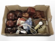 A group of treen including bookends, trinket box, lamps,