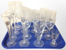 A group of 20th/21st-century etched drinking glasses, four with spiral-twist stems, tallest 24cm.