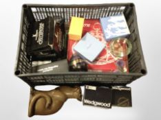 A Mdina lustrous glass vase, together with several boxed items of Wedgwood, wooden cat ornament,