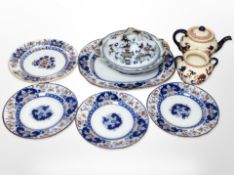 A group of late-Victorian Imari ceramics including lidded tureen, meat plate, teapot and milk jug,