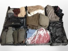 A large quantity of miscellaneous clothing including blazers, tweed items, lady's leather handbags,