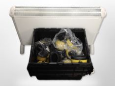 A Dimplex radiator and a quantity of ear protectors.