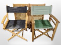 Two folding garden chairs and a further pair of chairs with bergère seats.