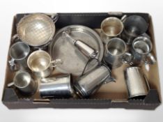 A collection of silver-plate and pewter wares including tankards, rose bowl, gallery dish, etc.