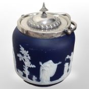 A Jasperware biscuit barrel with silver-plated lid and swing handle.