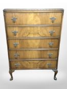 A mid-20th century burr walnut five-drawer chest, 79cm wide x 50cm deep x 113cm high.