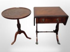 A reproduction mahogany drop-leaf table, and a further wine table, diameter 43cm.