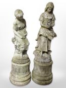 Two weathered concrete garden statues of ladies, tallest 100cm.