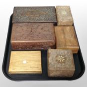 Six assorted wooden boxes including heavily carved Indian examples.