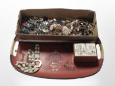 A 1960s twin-handled serving tray, together with shallow box of assorted costume jewellery,