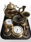 A group of brass items including mortar and pestle, Bell teapot, clock and barometer, key, etc.